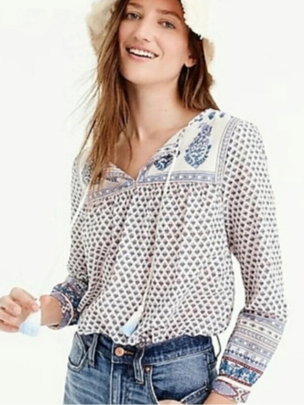 JCREW Boho Tie-Front Peasant Top in Cream and Blue